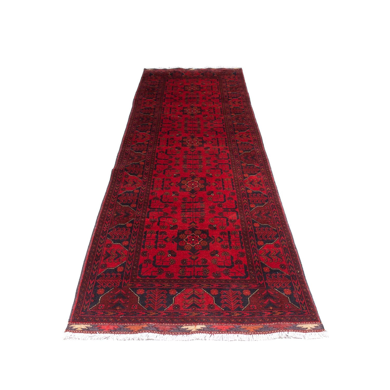 Tapis de couloir Tapis afghan - Kunduz - 299 x 82 cm - rouge foncé