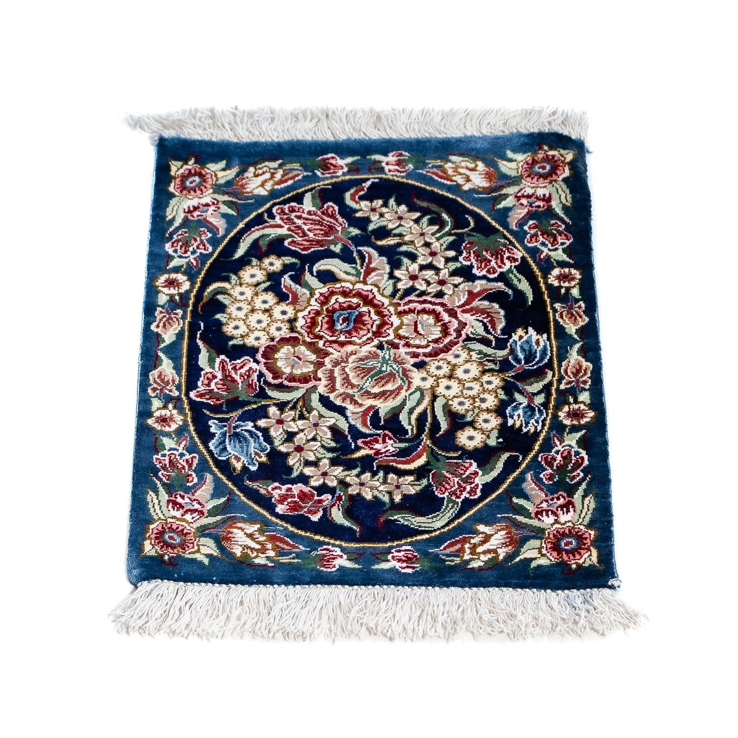 Tapis en soie - Ghom soie - Premium - 40 x 28 cm - bleu foncé