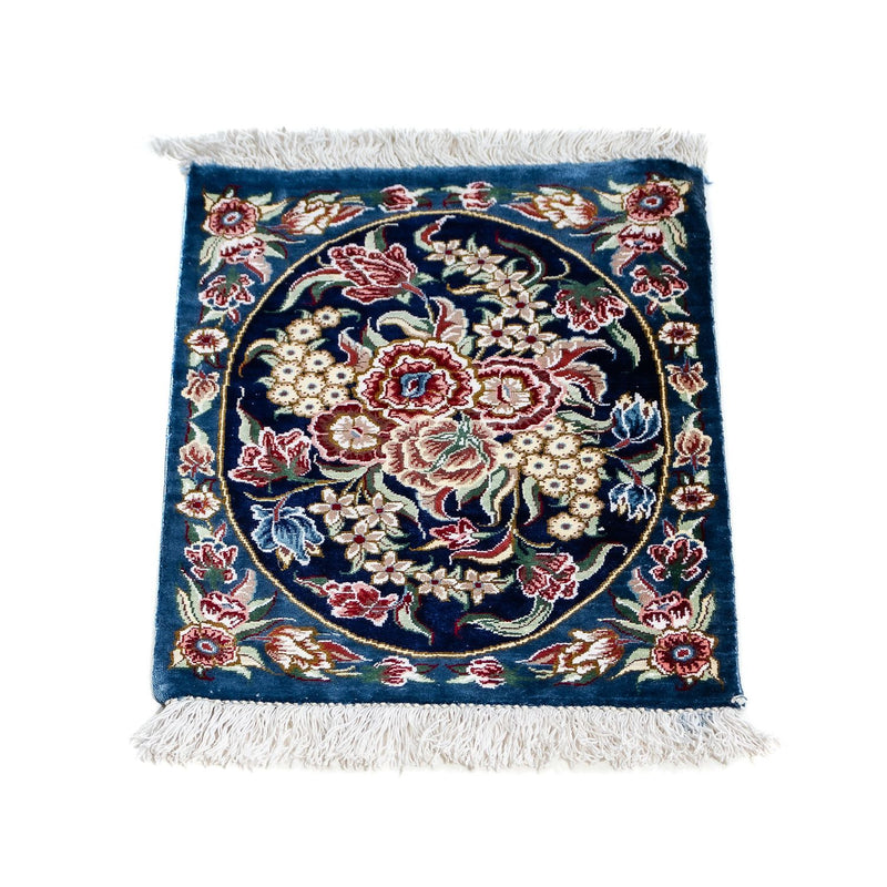 Tapis en soie - Ghom soie - Premium - 40 x 28 cm - bleu foncé