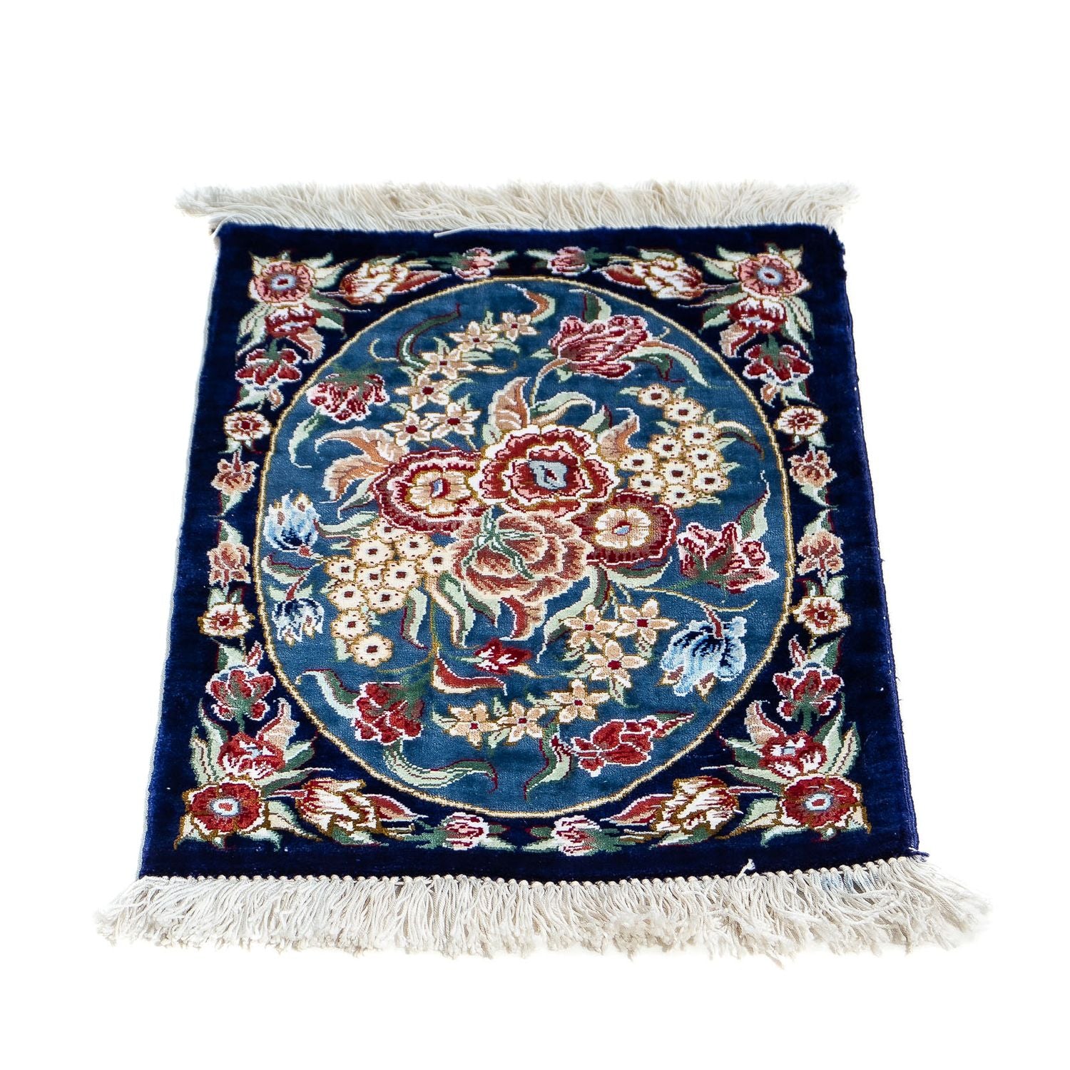 Tapis en soie - Ghom soie - Premium - 40 x 28 cm - bleu foncé