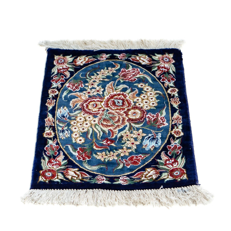 Tapis en soie - Ghom soie - Premium - 40 x 28 cm - bleu foncé